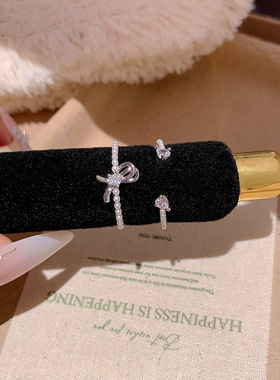闪耀超闪锆石蝴蝶结珍珠戒指女小众设计感高级轻奢精致开口食指
