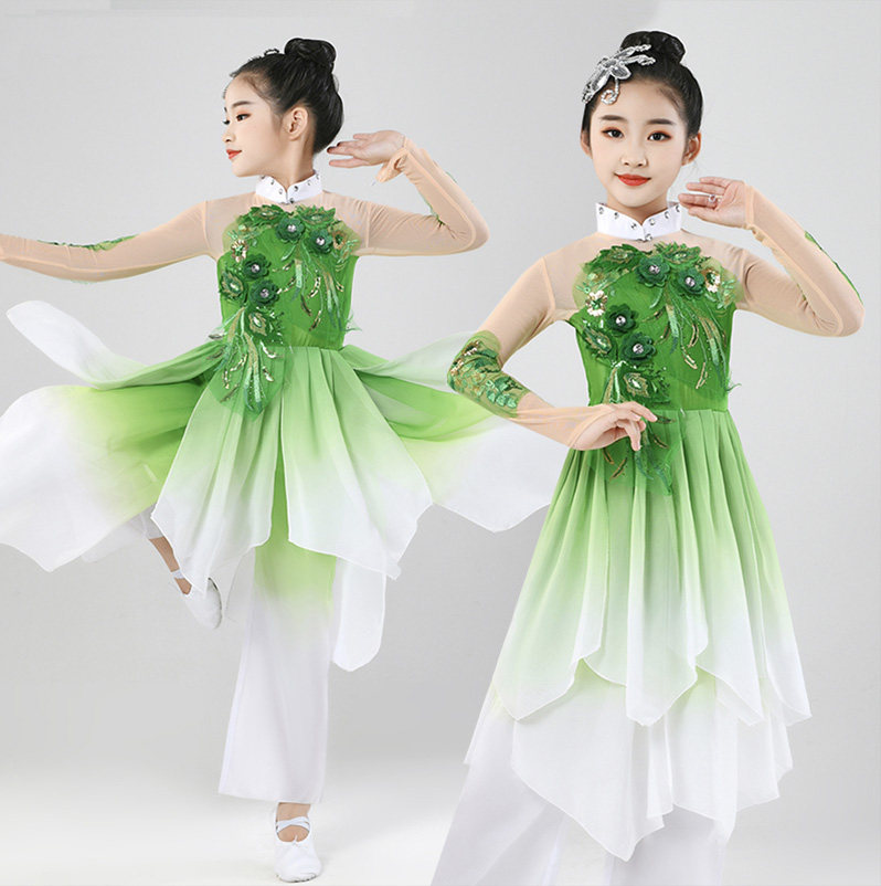 儿童演出服茉莉花开舞蹈服女童古典舞飘逸中国舞青青扇子舞秧歌服