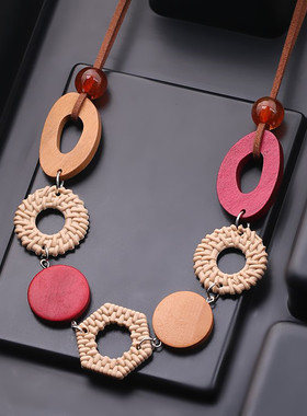 红色木头民族风项链女