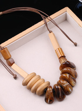 复古夸张长款2026新款毛衣链木质皮绳大气独特小众衣服装饰项链