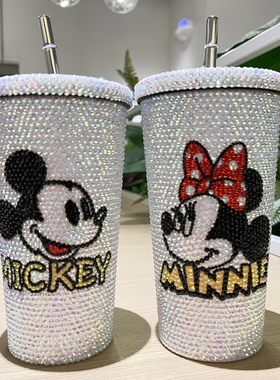 红色字母吸管杯子闪亮手工贴钻水杯304不锈钢吸管杯咖啡杯太空杯