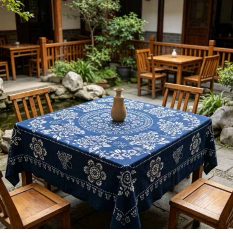 菊花牡丹富贵农家乐饭店茶楼江南乌镇手工双面加厚蓝印花靛蓝桌布