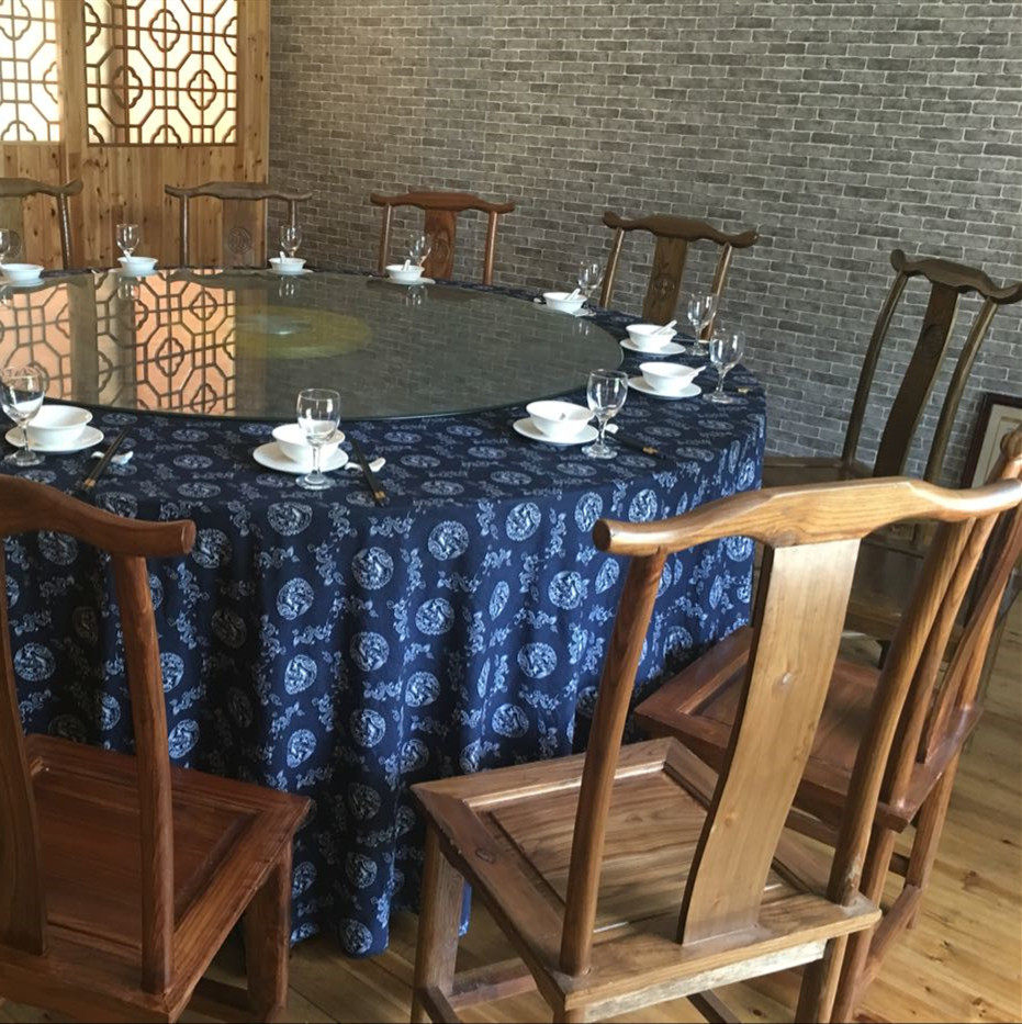 民宿纯棉厚款蓝印花蜡染农家乐东北饭店餐馆客厅圆桌台布面料定做