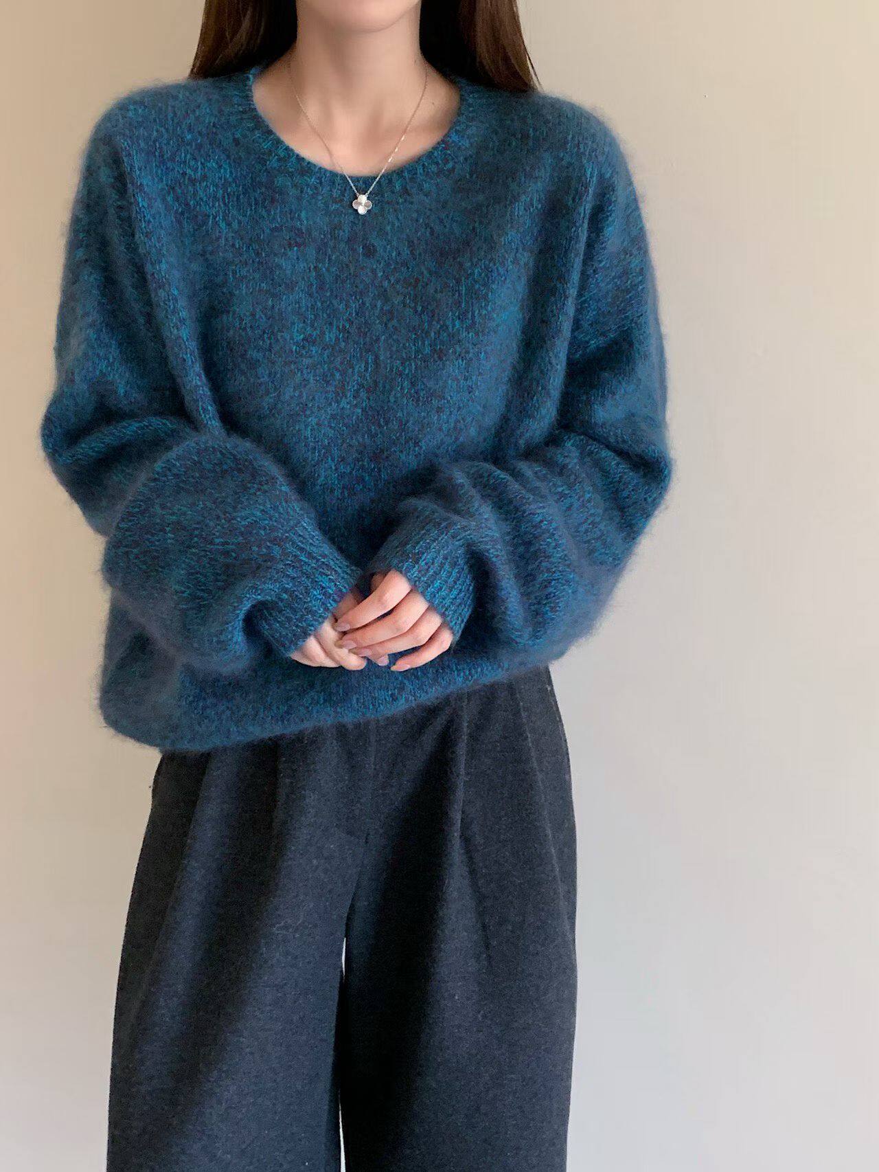 欧洲站2025秋冬新款圆领100%羊毛拉女宽松柔软保暖针织毛衣打底衫