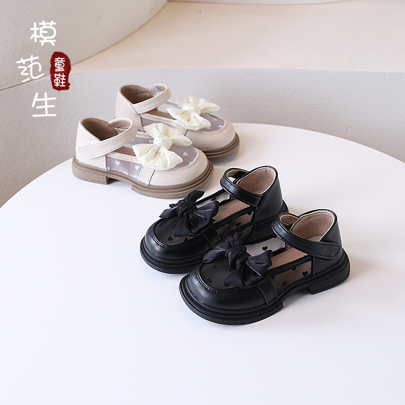 女童网纱透气凉皮鞋蝴蝶结公主鞋2025春秋新款小女孩百搭包头单鞋