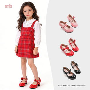 女童高跟鞋小女孩红色小皮鞋公主单鞋表演出走秀粉色小高跟鞋子