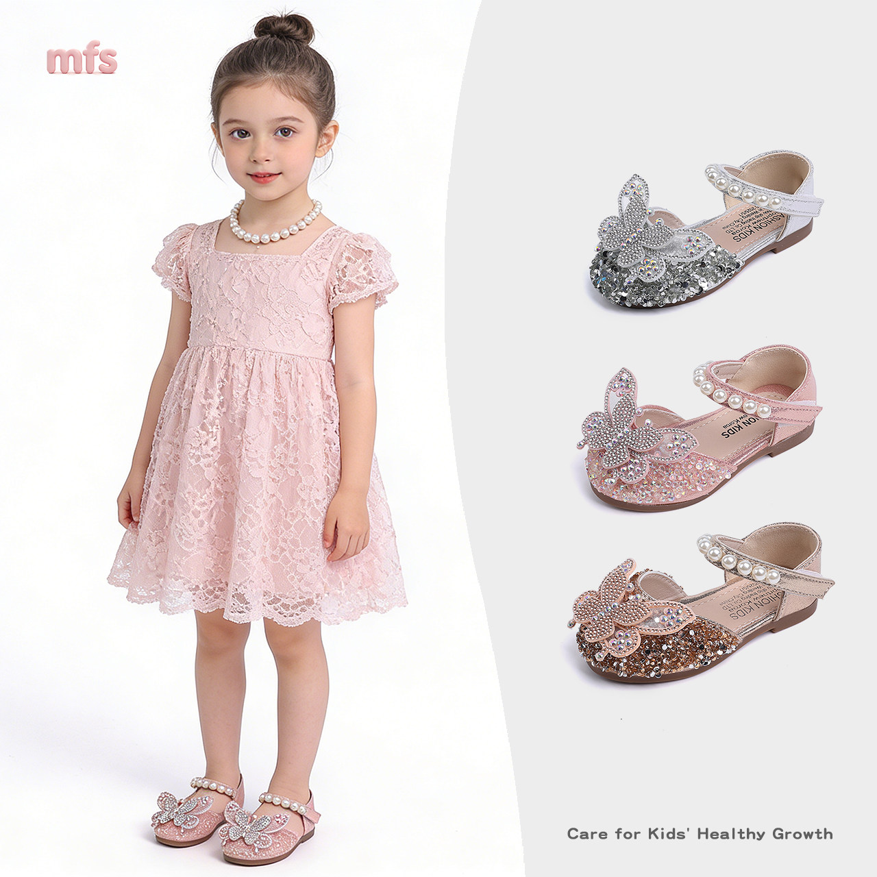 女童水钻蝴蝶珍珠公主鞋2026春夏新款甜美百搭单鞋小女孩包头凉鞋