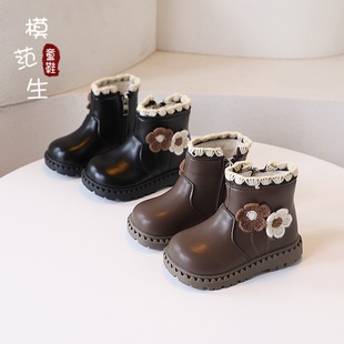 女童加绒小花朵马丁靴2025秋冬新款学院风短靴时尚棉靴保暖韩皮靴