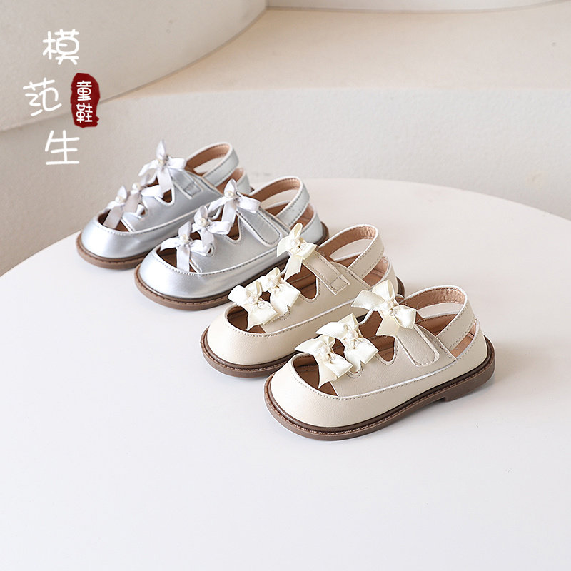 【断码清仓】女童蝴蝶结时尚小皮鞋包头镂空凉鞋小女孩软底公主鞋