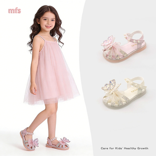 小女孩蝴蝶结公主鞋 女童水晶包头凉鞋 新款 2026夏季 软底镂空沙滩鞋