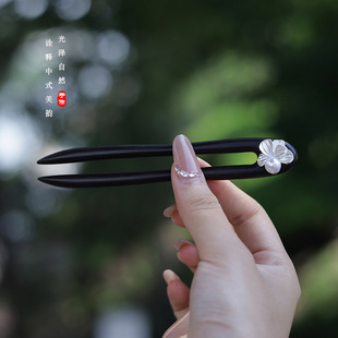 簪子U型黑檀木13CM短款花朵百搭旗袍盘发发钗日常通勤发簪新中式