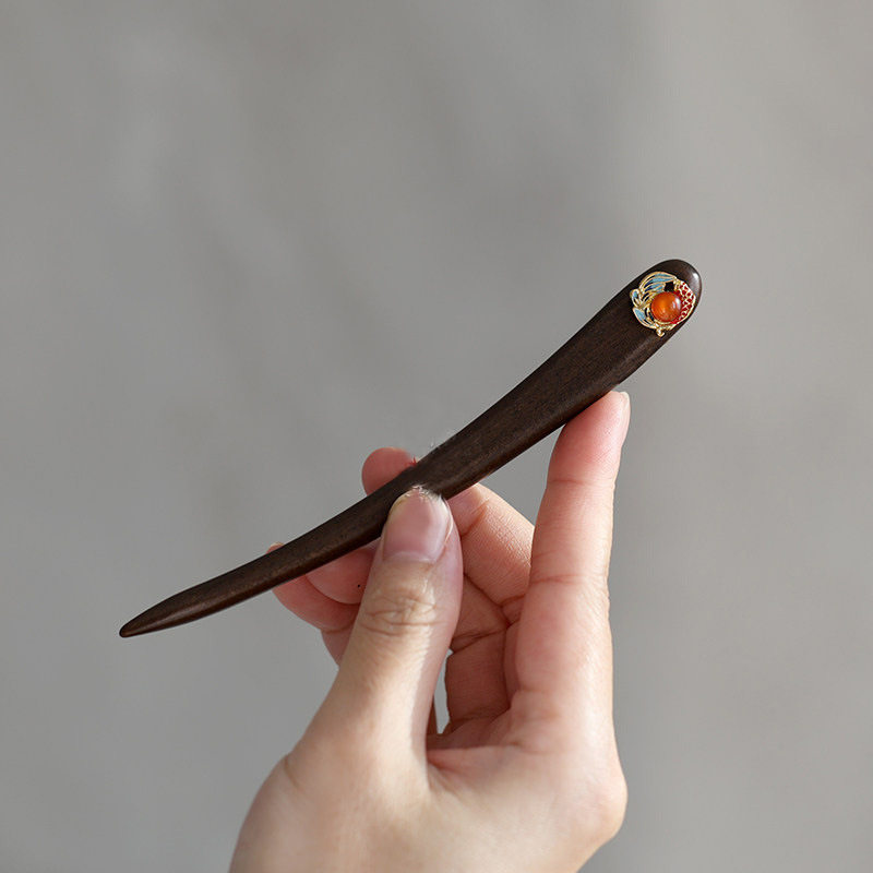 【锦鲤上岸】双面13厘米短簪大叶紫檀木盘发古风旗袍发饰新年送礼