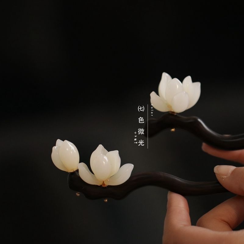 高级感仿黑檀木莲花发簪木质古典