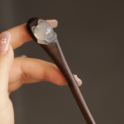 15厘米短簪白玉狐狸古风木质簪子