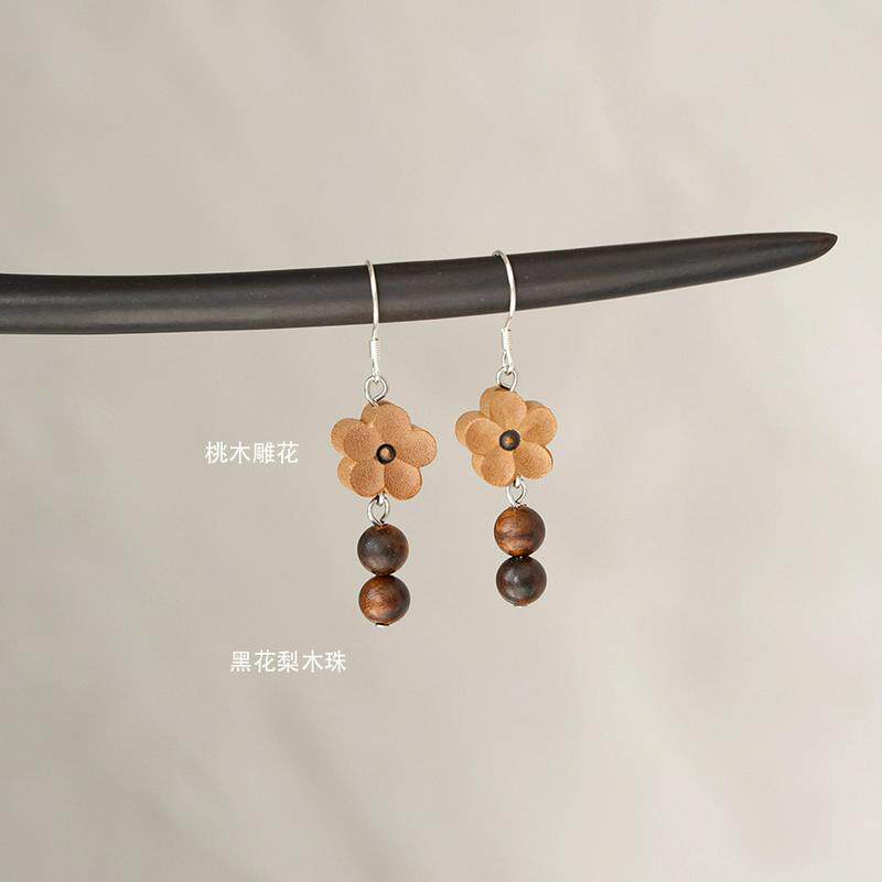 小清新古风木雕耳钩耳夹耳饰桃木图片