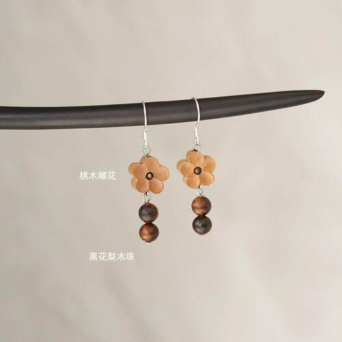 小清新古风木雕耳钩耳夹耳饰桃木