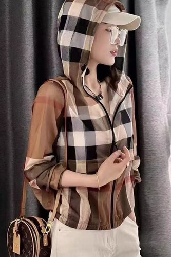 撞色格子防晒衣女薄款2025夏季新款时尚宽松休闲开衫透气短款外套