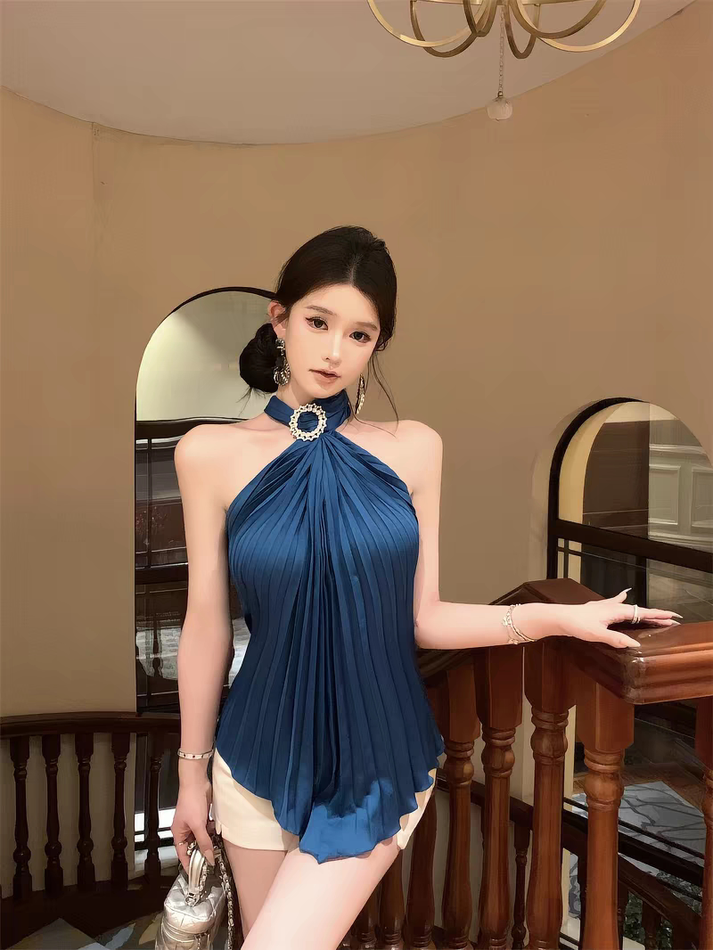 重工镶钻美背挂脖抹胸背心女夏季高级感修身外穿辣妹蓝色压褶上衣图片
