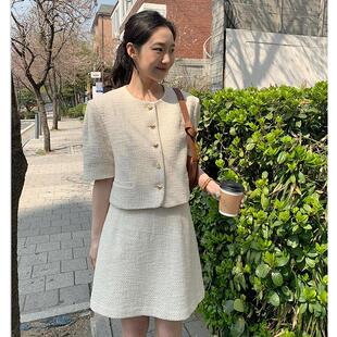 韩国ins粗花呢上衣百搭复古薄款短外套+显瘦半身裙包臀短裙套装