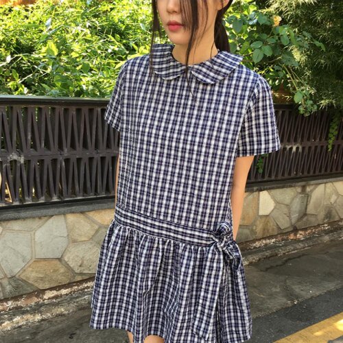 有货 韩国chic复古日系学院风减龄娃娃领格子蝴蝶结绑带连衣裙女