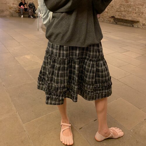 有货 韩国东大门 秋季新款 甜美少女风学院A字木耳花边格子半身裙