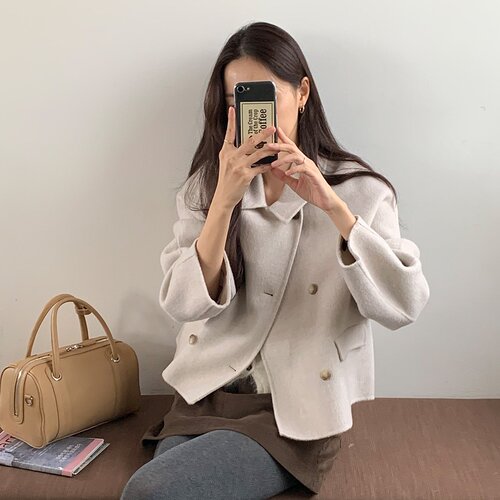 已出货 韩国法式气质复古翻领双排扣小个子短款休闲毛呢外套女