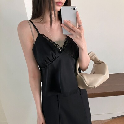 有货 韩国chic夏季简约气质蕾丝花边拼接缎面吊带背心女