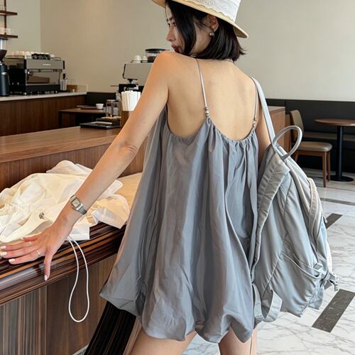 已出货韩国chic夏季新款珠子吊带甜美可爱纯色花苞短裙
