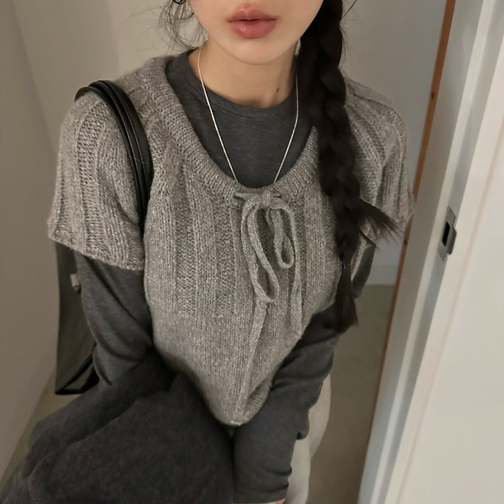 有货 韩国chic秋日新款气质淑女 叠穿 麻花 抽绳 短袖 毛衣女