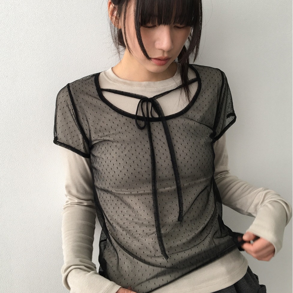 韩国ins点点网纱系带绑带短袖网纱T恤上衣日系少女梦幻