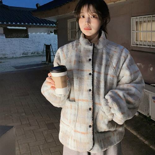 已出 韩版  复古图案羊羔毛正反两面穿羊羔绒外套  女