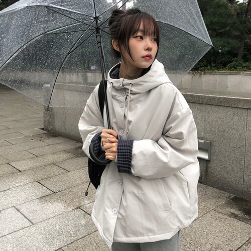 已出货 韩版休闲学院风复古格子拼接连帽夹棉保暖外套棉服大衣女