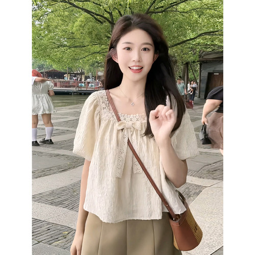 小个子法式蕾丝雪纺衫女夏季高级感显瘦泡泡袖短款上衣小众设计感