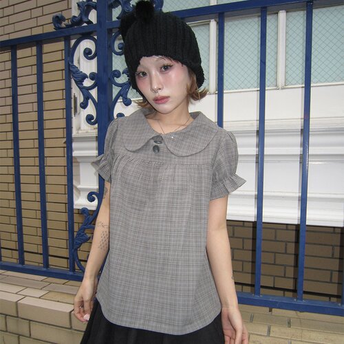 已出货 韩国ins博主 日系格纹可爱纽扣泡泡袖少女感宽松短袖衬衫