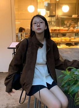 韩国ins 秋冬 复古保暖 鹿皮绒 双拉链 外套夹克