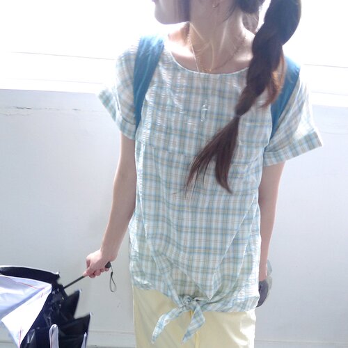 有货韩版鬼马系少女日系复古格纹设计感打结休闲宽松短袖衬衫上衣