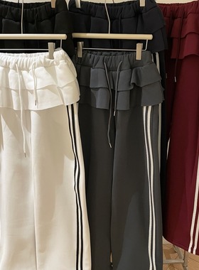 冬季加绒色韩国ins复古纯色裙摆条纹织带宽松直筒阔腿裤休闲裤