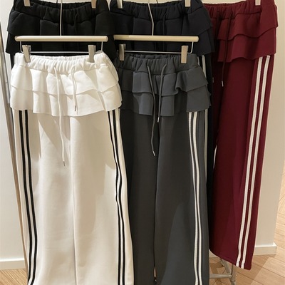 冬季加绒色韩国ins复古纯色裙摆条纹织带宽松直筒阔腿裤休闲裤