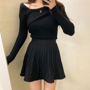 露肩 麻花拼接 修身 韩国 针织衫 设计感 显瘦长袖 chic