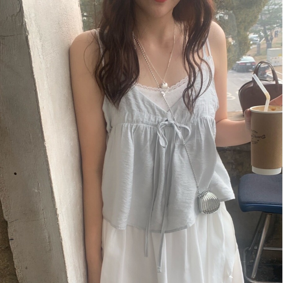 韩国ins夏日 气质 V领抽绳绑带 吊带背心