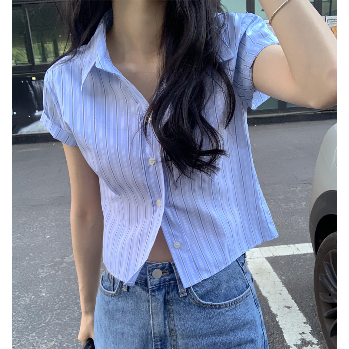 尺码更新 韩国ins夏日气质 短袖 衬衫女高腰显瘦收腰条纹衬衣