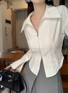 法式复古双拉链短款衬衫女秋季内搭修身收腰显瘦长袖打底衬衣上衣