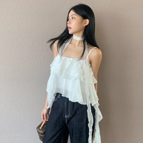 已出货尺码更新韩国chic夏季新款法式甜美荷叶边挂脖花边吊带衫