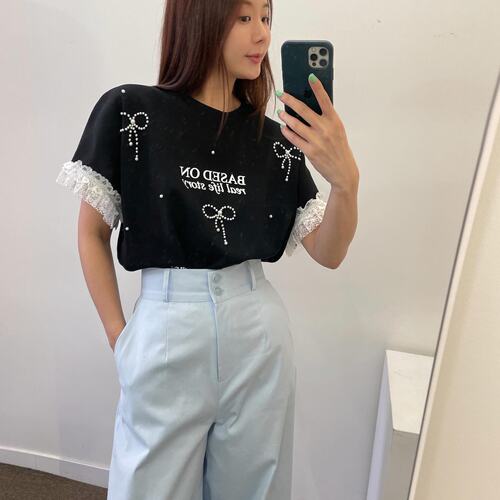 有货 韩国东大门 蝴蝶结钉珠工艺花边减龄短袖T恤打底衫