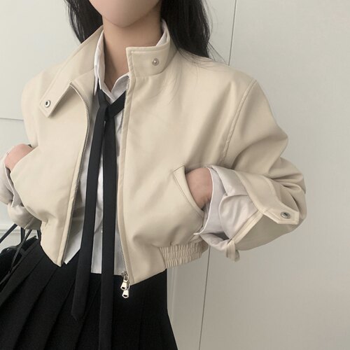 有货 韩国chic 秋日 设计感 短款 收腰机车皮衣