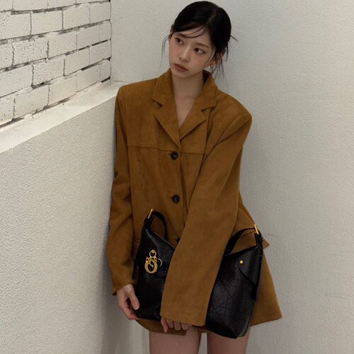 有货chic韩国秋冬美式复古咖色鹿皮绒西装外套美拉德长袖西服女