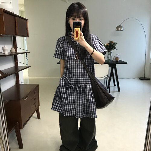 有货韩版学院风小众日系复古格子减龄娃娃领蝴蝶结系带短袖连衣裙
