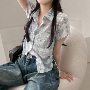 女短袖 韩国ins 抽绳格子衬衫 单排扣 衬衣 夏日
