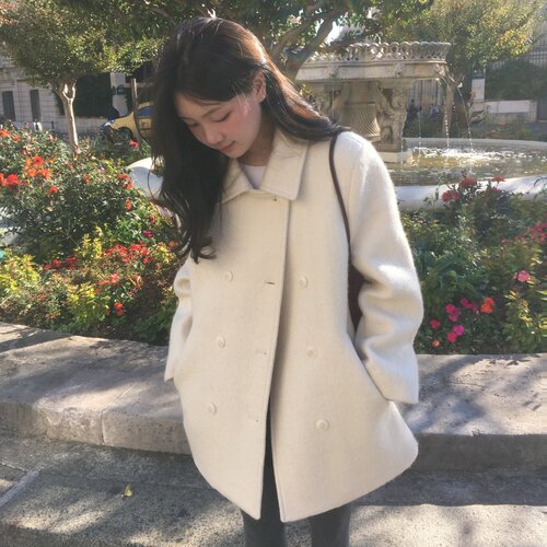 已出货 韩国东大门温柔气质翻领双排扣夹棉毛呢外套小个子大衣女