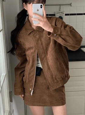 韩国chic秋日美拉德麂皮绒夹克长袖外套+A字半身裙时尚套装